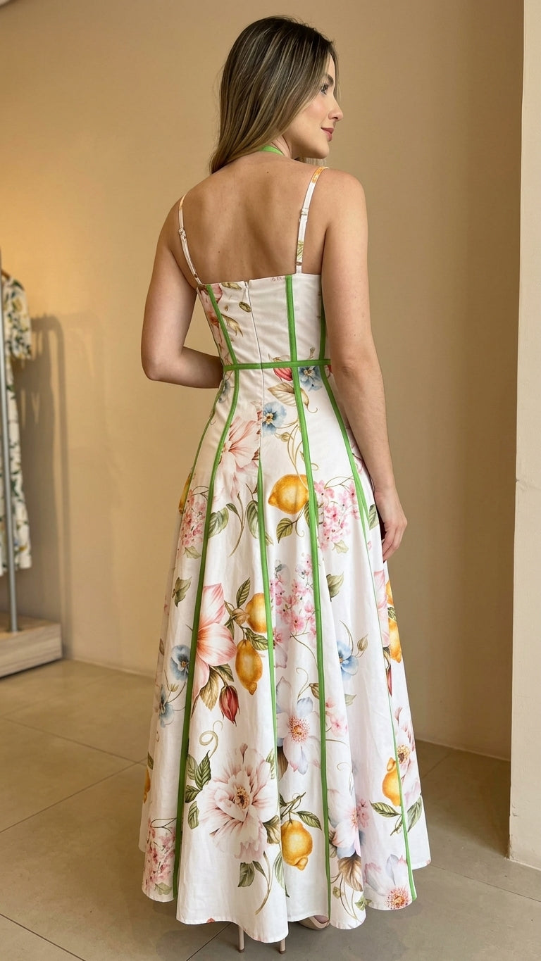 White Floral Contrast Piping Floral Print Maxi Dress product image 4