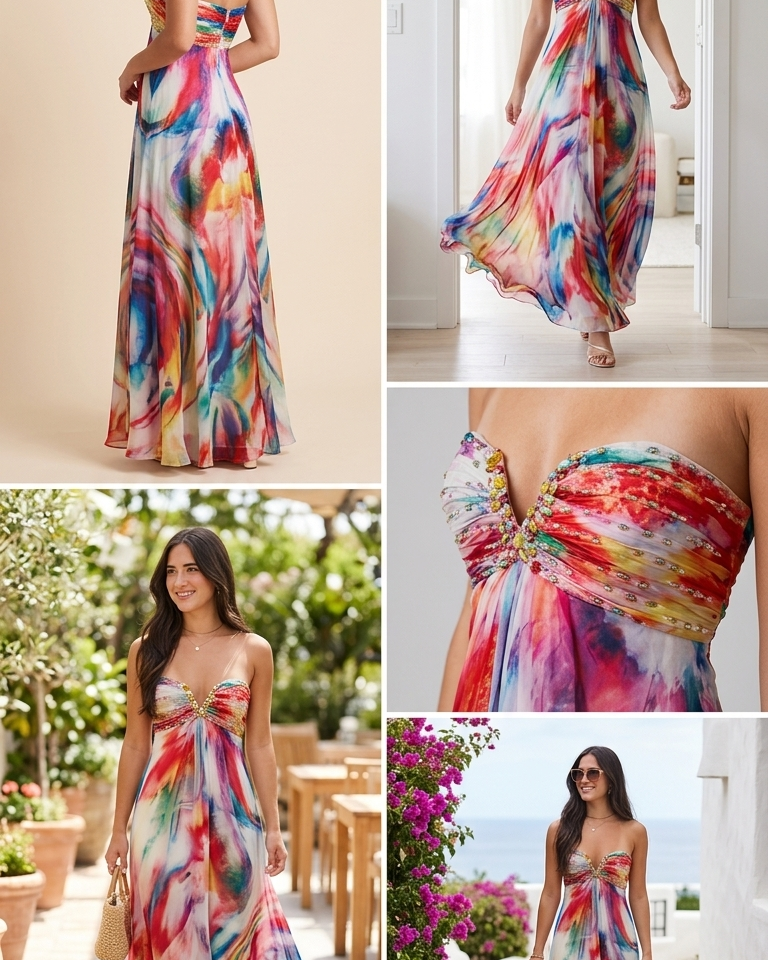 Abstract Print Beaded Embellishments Pockets Maxi Dress product image 4