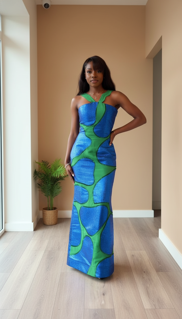 Blue Abstract Print Satin Silk Maxi Dress product image 4