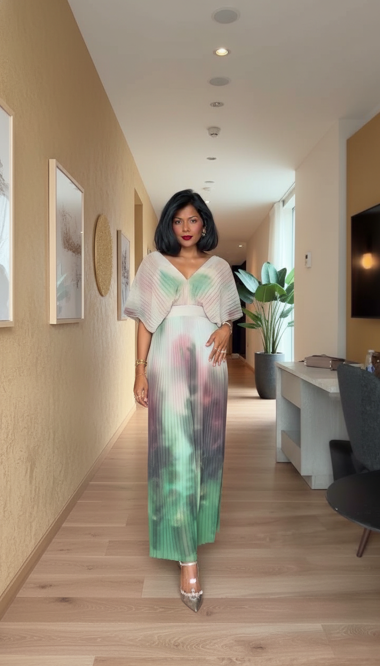 Green Ombre Print V-Neck Pleated Maxi Dress product image 4
