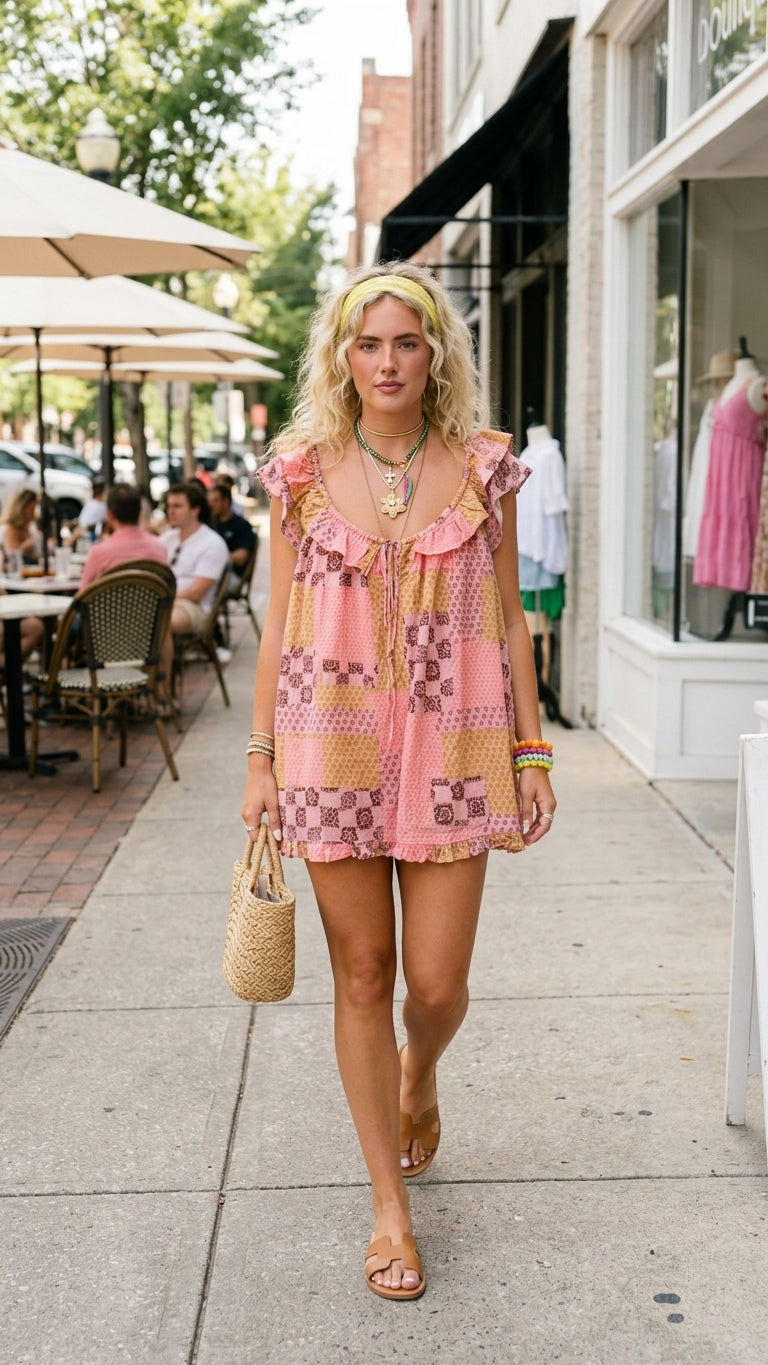 Pink Patchwork Print Ruffle Drawstring Dress product image 4