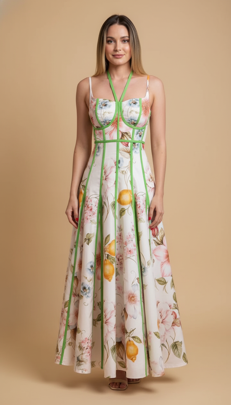 White Floral Structured Contrast Piping Maxi Dress product image 4