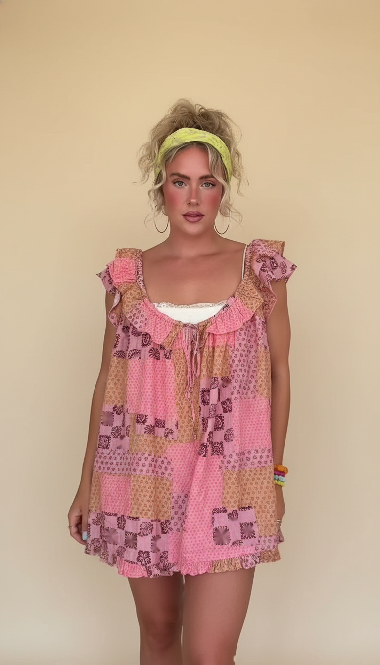 Pink Patchwork Print Ruffle Ruffled Hem Dress product image 4