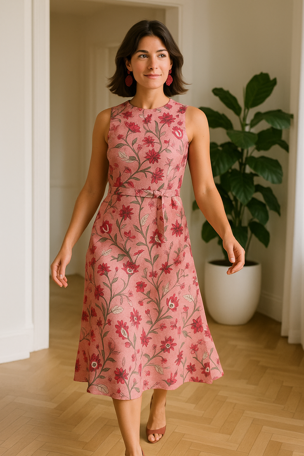 Pink Floral Belted Belted Waist Midi Dress product image 4