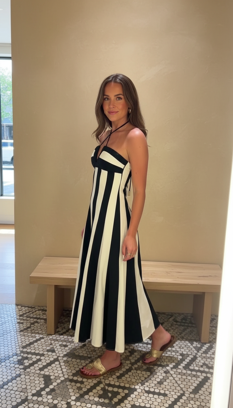 Black Striped Halter V-Neck Maxi Dress product image 4