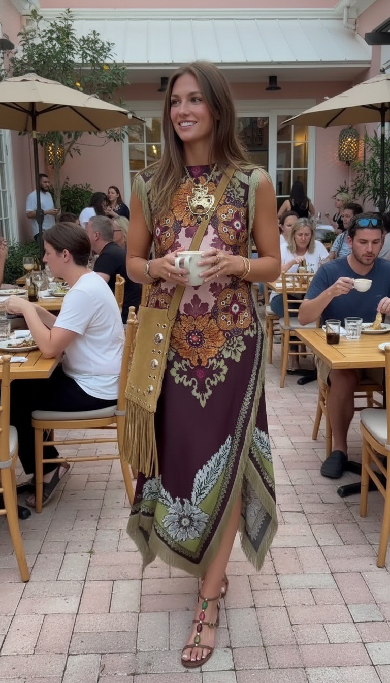 Burgundy Floral Embroidered Fringe Kaftan Dress product image 4