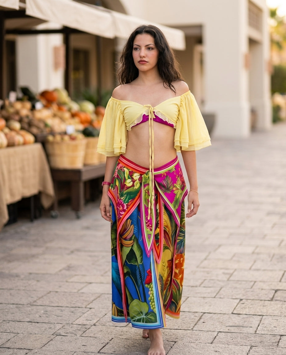 Butter Yellow Allure Evening Floral Short Set Butter Yellow Short Set with Relaxed Fit silhouette and Textured texture, outdoor styling image for City Dinner, a gallery evening, Fall city dinners, cafe plans, gallery evenings, and polished weekend styling by floravincie