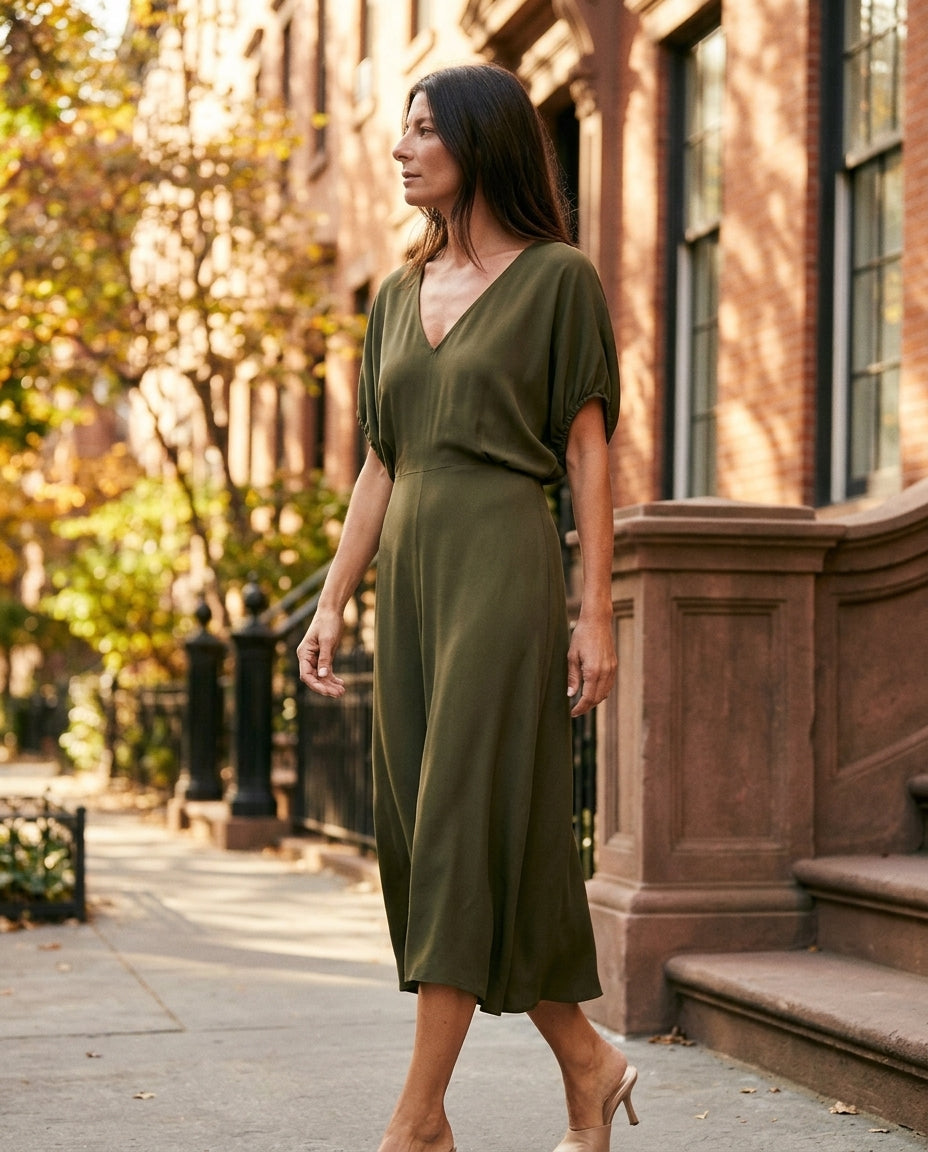 Olive Solace Evening Printed Jumpsuit Olive Jumpsuit with Cropped silhouette and Textured texture, outdoor styling image for City Dinner, a gallery evening, Fall city dinners, cafe plans, gallery evenings, and polished weekend styling, US Coastal Glam by floravincie