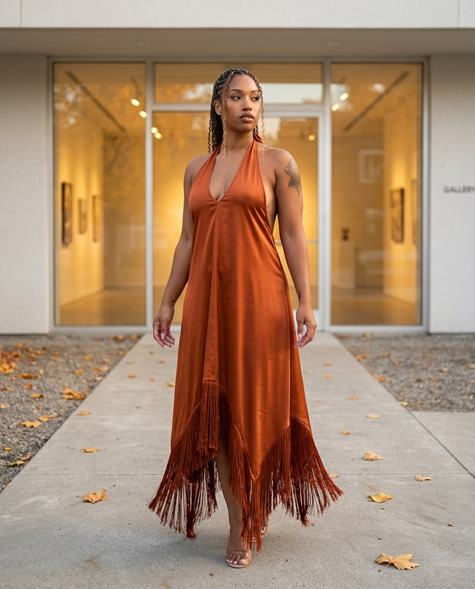 Rust Muse Wedding Guest Satin Maxi Dress Rust Maxi Dress with Relaxed Fit silhouette and Satin texture, outdoor styling image for Wedding Guest, a fall city dinner, Fall late-summer to pre-fall transition: sell it as wearable now and still useful for Augu by floravincie