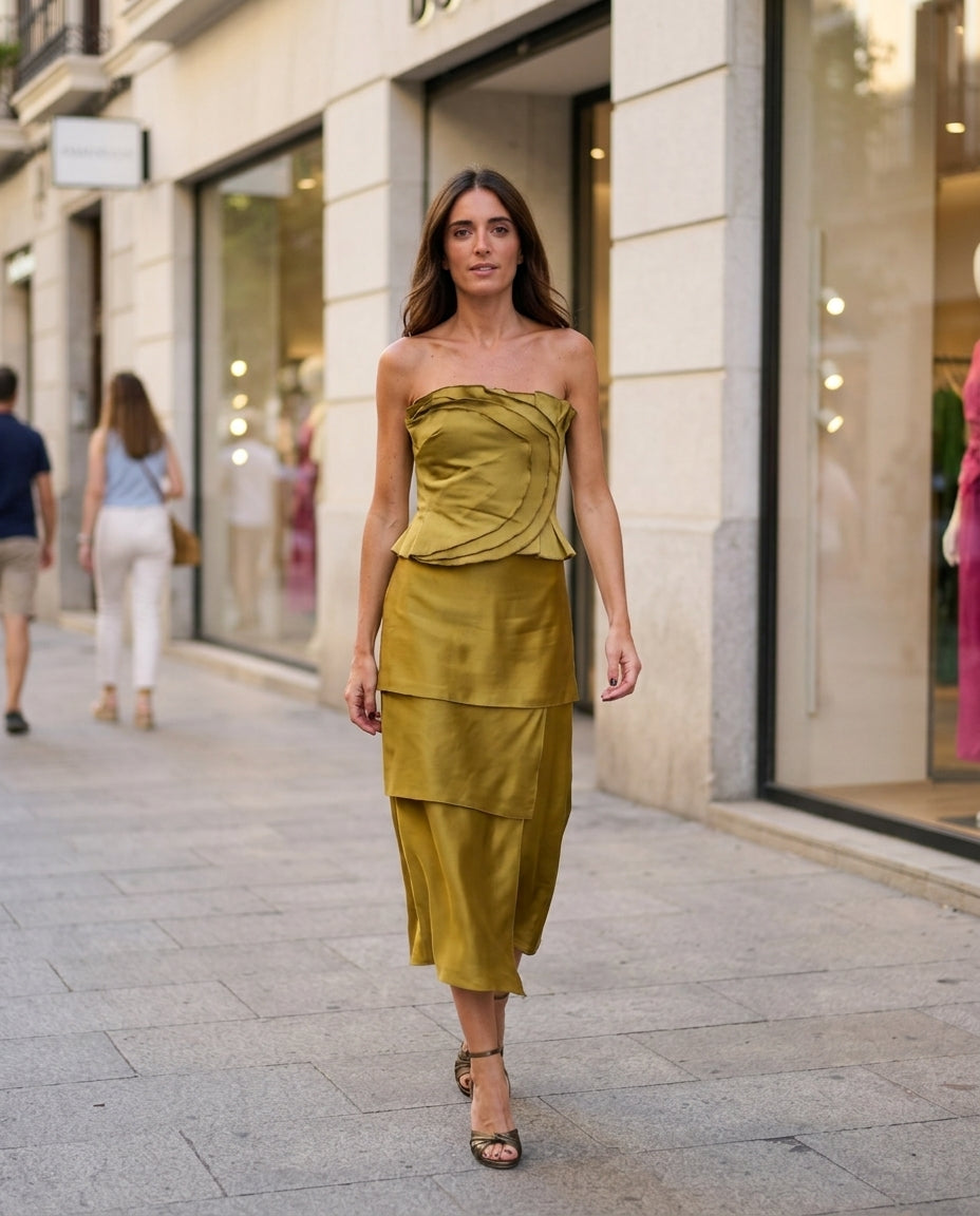 Olive Green Glow Wedding Guest Ruched Skirt Set Olive Green Skirt Set with Asymmetric silhouette and Satin texture, outdoor styling image for Wedding Guest, an office-to-dinner transition, Fall current summer selling first with a light late-summer/pre-fal by floravincie