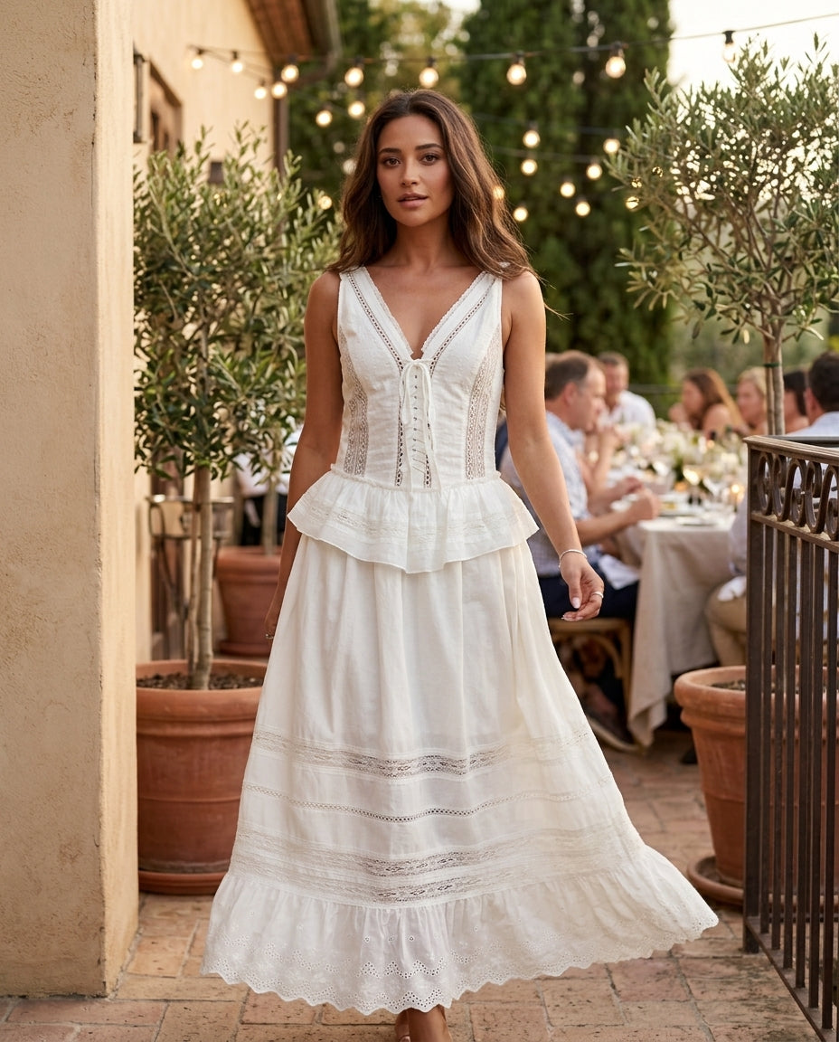 Ivory Lustre Wedding Guest Eyelet Maxi Dress Ivory Maxi Dress with Relaxed Fit silhouette and Textured texture, outdoor styling image for Wedding Guest, a gallery evening, Fall current summer selling first with a light late-summer/pre-fall accent: make it by floravincie