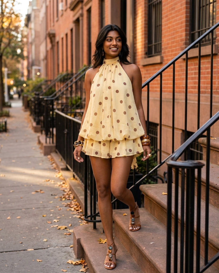 Light Yellow Gleam Evening Printed Romper Light Yellow Romper with Cropped silhouette and Textured texture, outdoor styling image for City Dinner, a cafe plan, Fall city dinners, cafe plans, gallery evenings, and polished weekend styling, US Coastal Glam by floravincie