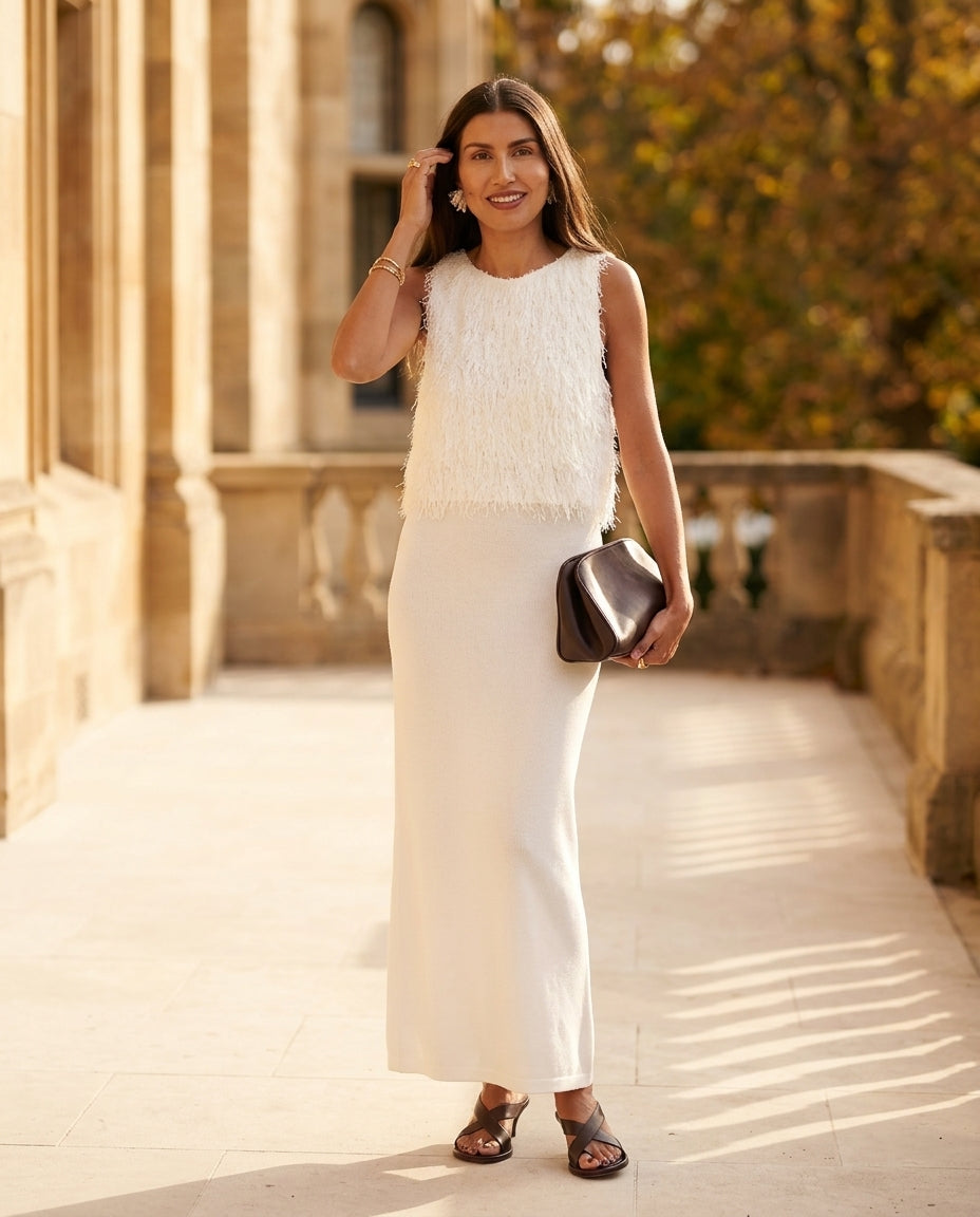 Ivory Poise Evening Ribbed Skirt Set Ivory Skirt Set with Flowing silhouette and Ribbed Knit texture, outdoor styling image for City Dinner, a cafe plan, Fall city dinners, cafe plans, gallery evenings, and polished weekend styling, Euro Chic Premium by floravincie