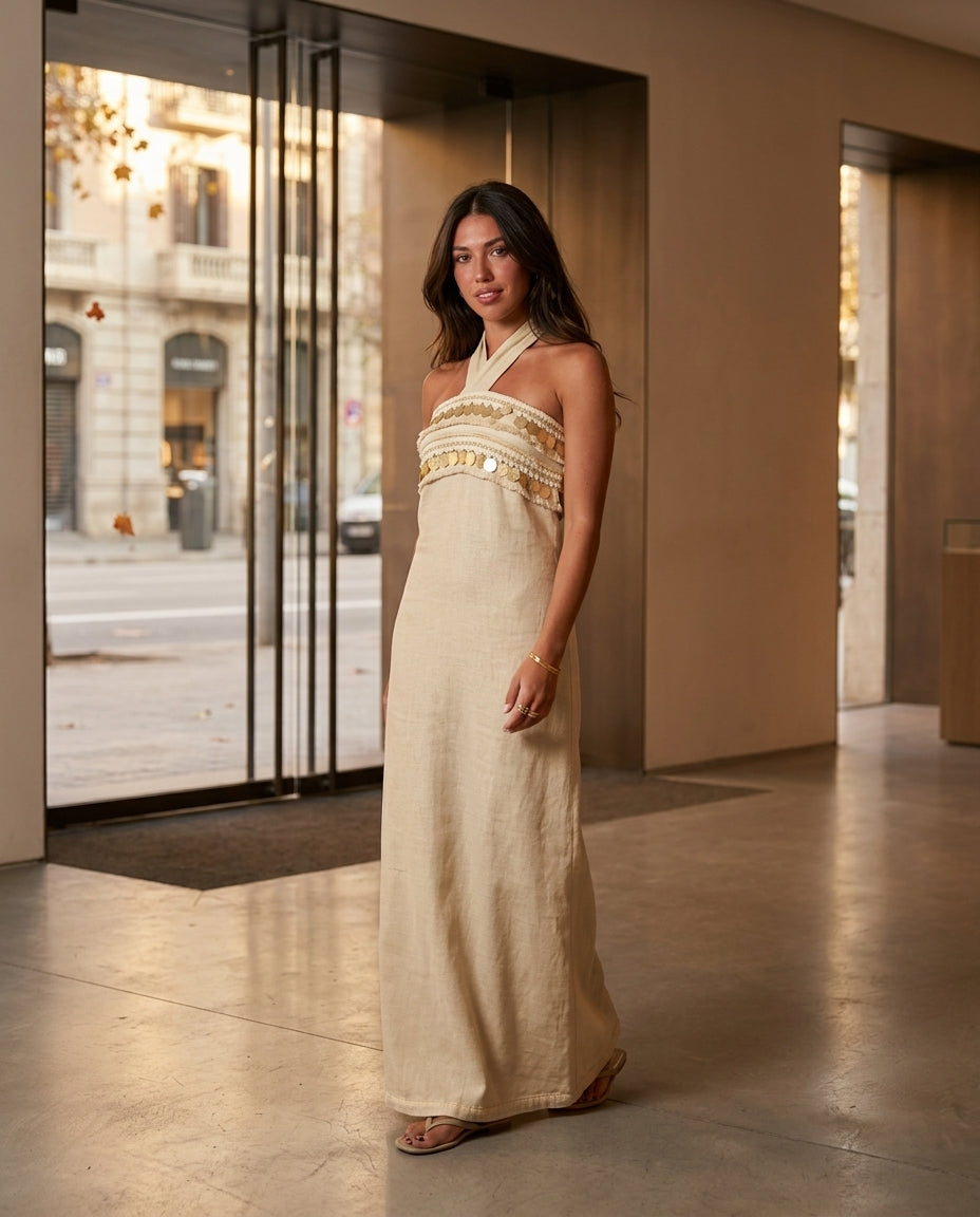Sand Grace Evening Embroidered Maxi Dress Sand Maxi Dress with Relaxed Fit silhouette and Linen Blend texture, outdoor styling image for City Dinner, a cafe plan, Fall city dinners, cafe plans, gallery evenings, and polished weekend styling, Euro Chic Pre by floravincie