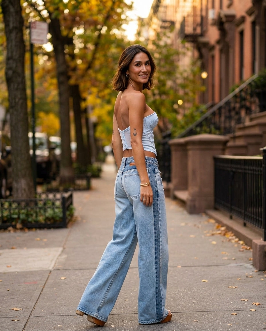 Light Blue Glow Evening Lace Two-Piece Set Light Blue Two-Piece Set with Cropped silhouette and Satin texture, outdoor styling image for City Dinner, a gallery evening, Fall city dinners, cafe plans, gallery evenings, and polished weekend styling, US Coas by floravincie
