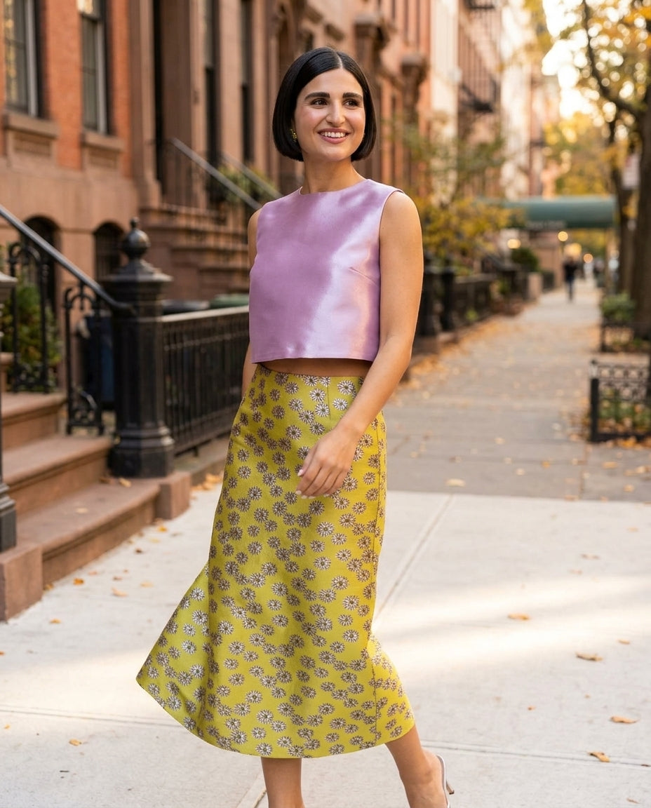Pink Velvet Evening Floral Skirt Set Pink Skirt Set with Cropped silhouette and Satin texture, outdoor styling image for City Dinner, an office-to-dinner transition, Fall city dinners, cafe plans, gallery evenings, and polished weekend styling, US Coastal by floravincie