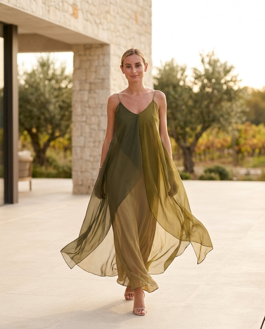 Olive Green Allure Evening Satin Maxi Dress Olive Green Maxi Dress with Asymmetric silhouette and Satin texture, outdoor styling image for City Dinner, a gallery evening, Fall city dinners, cafe plans, gallery evenings, and polished weekend styling, US Ea by floravincie