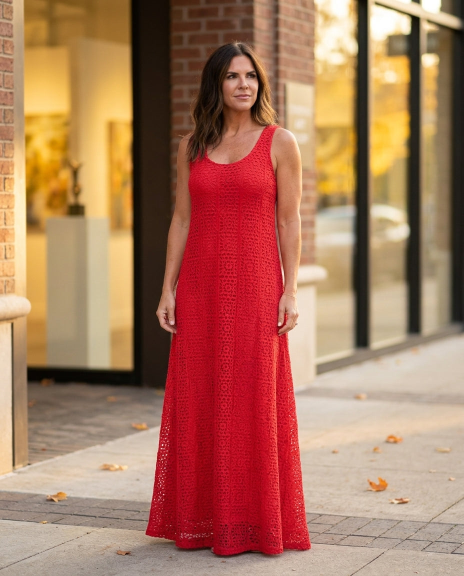 Red Glow Evening Lace Maxi Dress Red Maxi Dress with Relaxed Fit silhouette and Textured texture, outdoor styling image for City Dinner, a fall city dinner, Fall city dinners, cafe plans, gallery evenings, and polished weekend styling, US Coastal Glam by floravincie