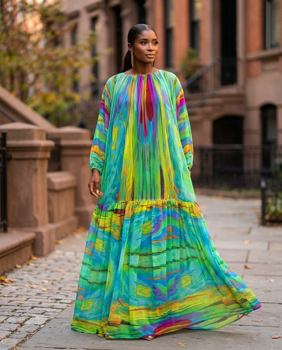 Sage Velvet Evening Abstract Print Maxi Dress Sage Maxi Dress with Relaxed Fit silhouette and Textured texture, outdoor styling image for City Dinner, a cafe plan, Fall city dinners, cafe plans, gallery evenings, and polished weekend styling, US East / Ha by floravincie