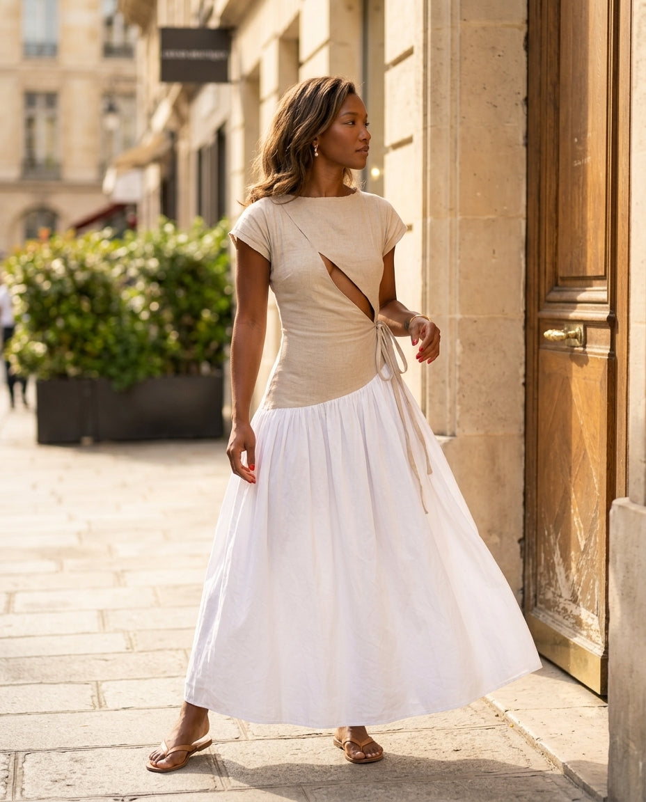 Sand Gleam Wedding Guest Linen Maxi Dress Sand Maxi Dress with Asymmetric silhouette and Linen Blend texture, outdoor styling image for Wedding Guest, a fall city dinner, Fall current summer selling first with a light late-summer/pre-fall accent: make it by floravincie