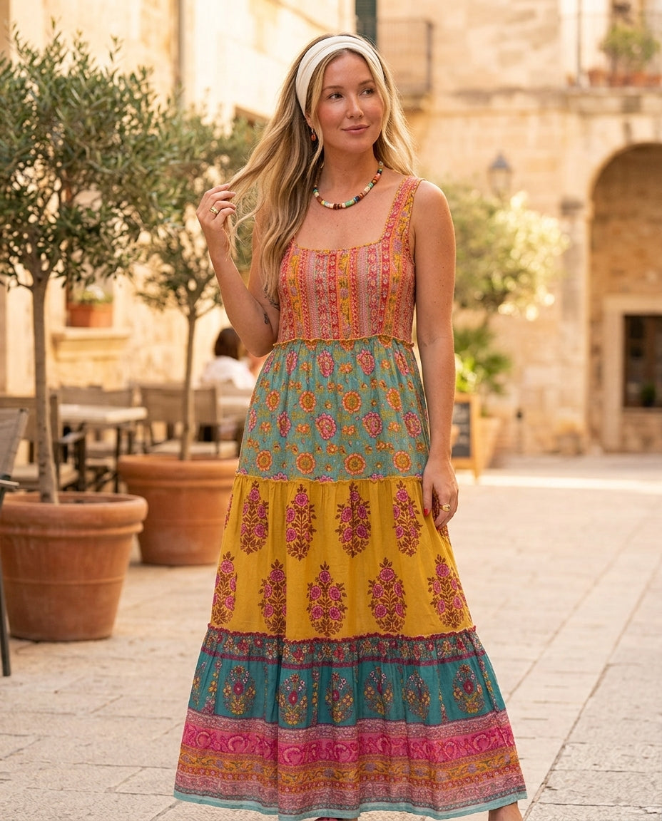 Butter Yellow Charm Wedding Guest Printed Maxi Dress Butter Yellow Maxi Dress with Relaxed Fit silhouette and Textured texture, outdoor styling image for Wedding Guest, a cafe plan, Fall current summer selling first with a light late-summer/pre-fall accen by floravincie