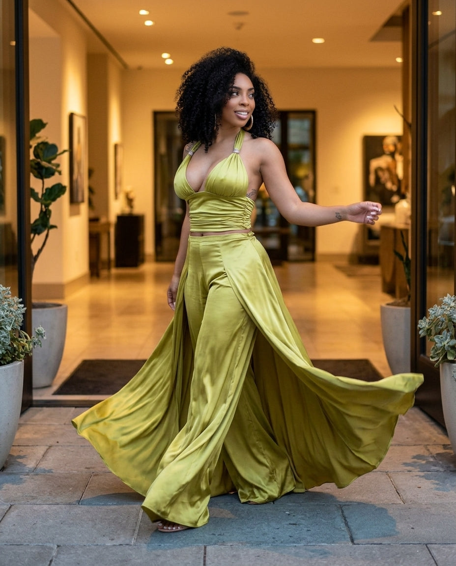 Olive Green Whisper Wedding Guest Satin Jumpsuit Olive Green Jumpsuit with Wide-Leg silhouette and Satin texture, outdoor styling image for Wedding Guest, a gallery evening, Fall current summer selling first with a light late-summer/pre-fall accent: make by floravincie