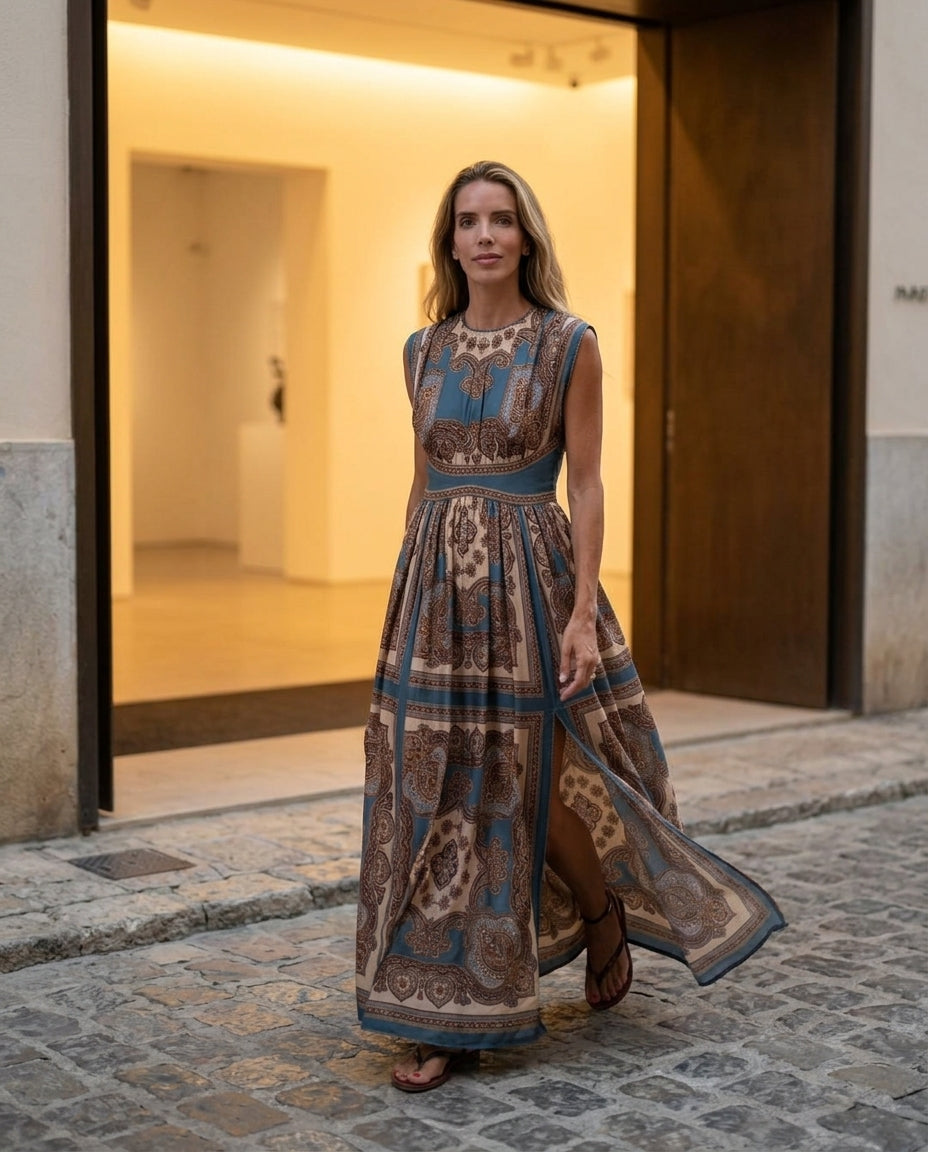 Teal Blue Glow Wedding Guest Printed Maxi Dress Teal Blue Maxi Dress with Relaxed Fit silhouette and Textured texture, outdoor styling image for Wedding Guest, a fall city dinner, Fall current summer selling first with a light late-summer/pre-fall accent: by floravincie