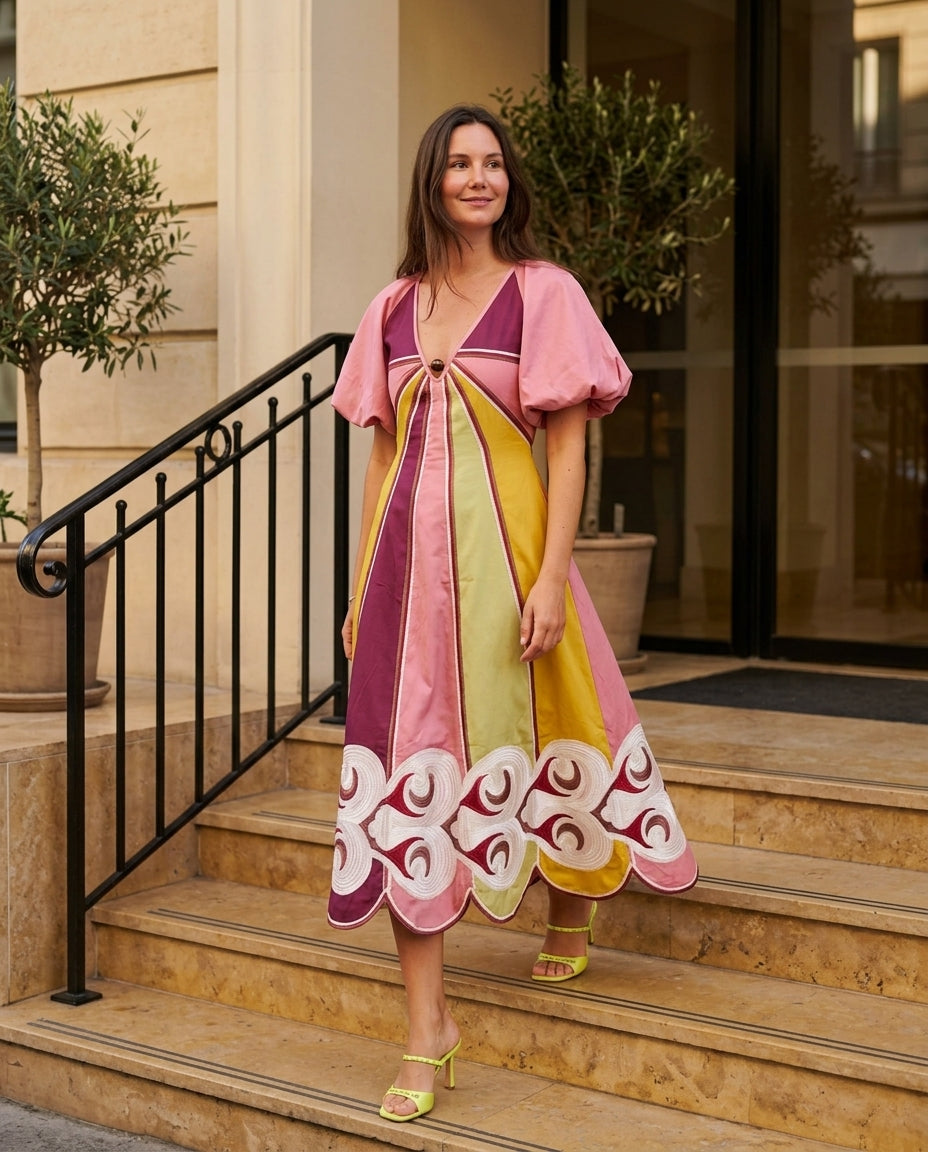 Pink Reverie Wedding Guest Embroidered Maxi Dress Pink Maxi Dress with Relaxed Fit silhouette and Textured texture, outdoor styling image for Wedding Guest, a gallery evening, Fall current summer selling first with a light late-summer/pre-fall accent: mak by floravincie