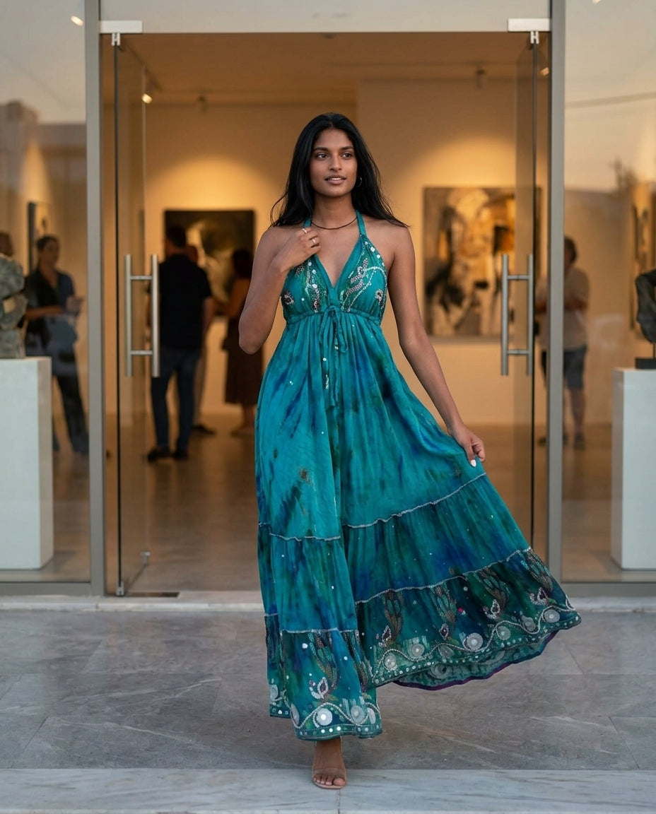 Teal Glow Wedding Guest Embroidered Maxi Dress Teal Maxi Dress with Relaxed Fit silhouette and Textured texture, outdoor styling image for Wedding Guest, a fall city dinner, Fall current summer selling first with a light late-summer/pre-fall accent: make by floravincie