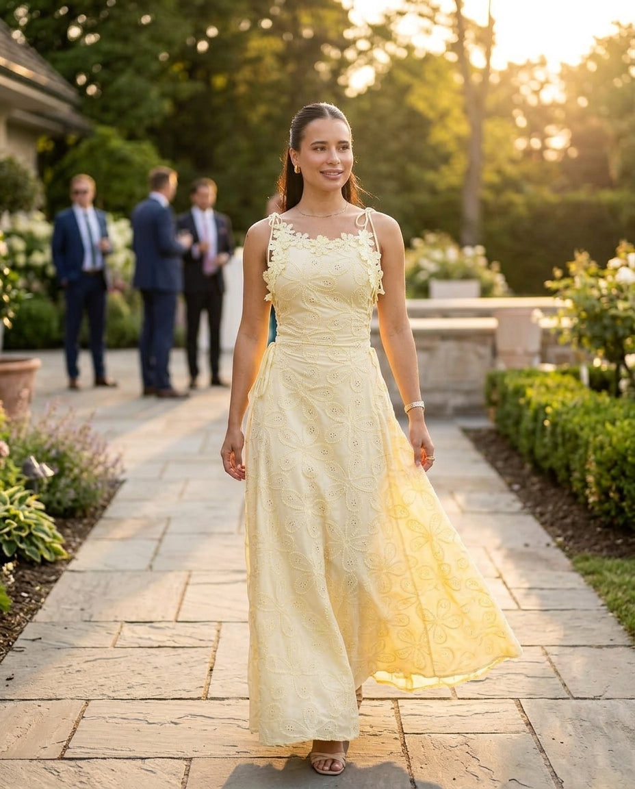 Light Yellow Velvet Wedding Guest Eyelet Maxi Dress Light Yellow Maxi Dress with Relaxed Fit silhouette and Textured texture, outdoor styling image for Wedding Guest, a cafe plan, Fall current summer selling first with a light late-summer/pre-fall accent: by floravincie