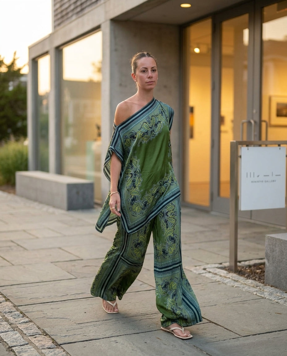 Sage Aura Wedding Guest Paisley Jumpsuit Sage Jumpsuit with Asymmetric silhouette and Satin texture, outdoor styling image for Wedding Guest, a cafe plan, Fall current summer selling first with a light late-summer/pre-fall accent: make it wearable now for by floravincie