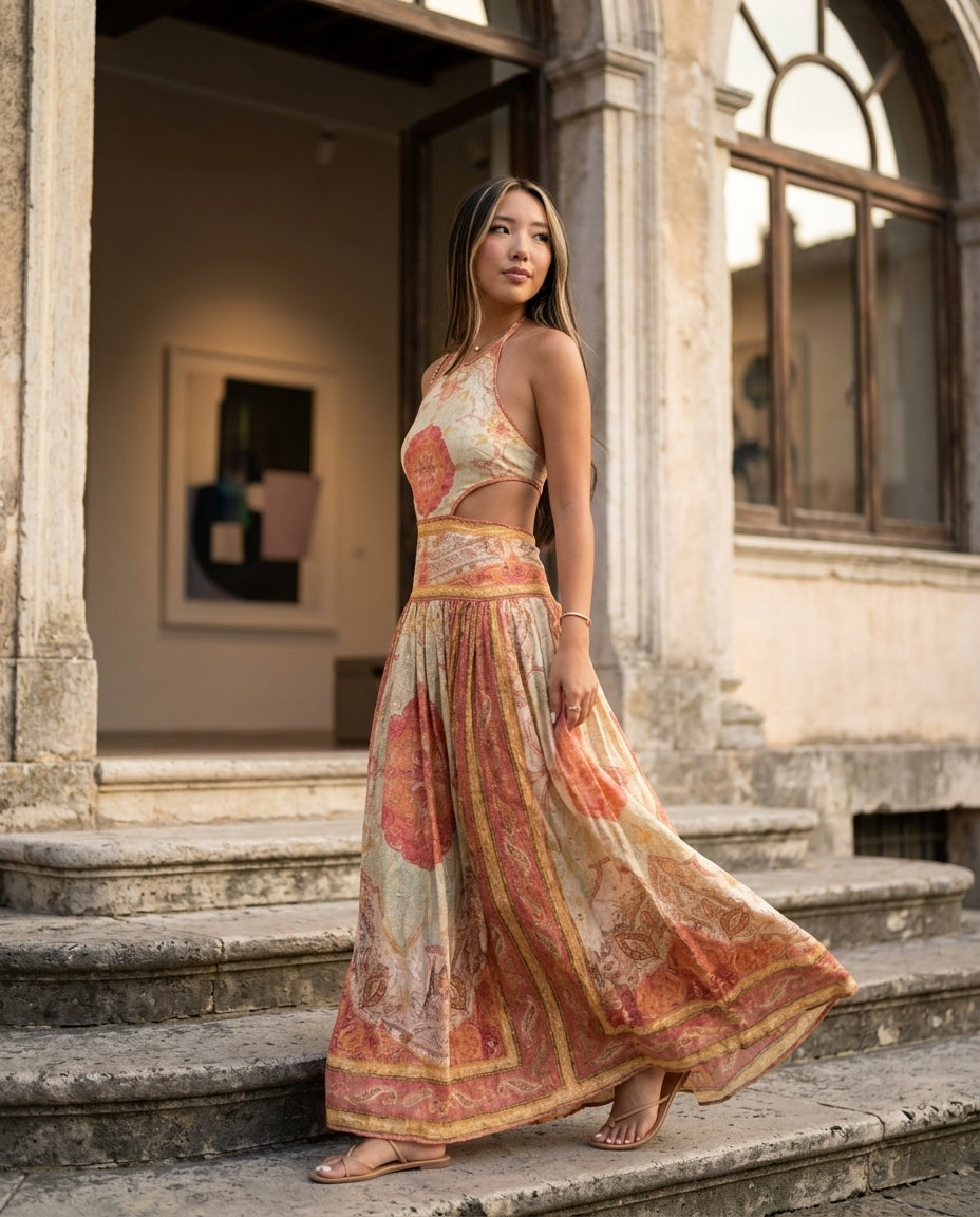 Ivory Poise Wedding Guest Printed Maxi Dress Ivory Maxi Dress with Flowing silhouette and Textured texture, outdoor styling image for Wedding Guest, an office-to-dinner transition, Fall current summer selling first with a light late-summer/pre-fall accent by floravincie