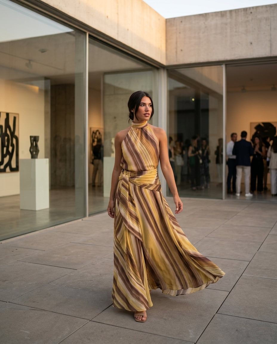 Butter Yellow Muse Wedding Guest Striped Maxi Dress Butter Yellow Maxi Dress with Relaxed Fit silhouette and Textured texture, outdoor styling image for Wedding Guest, a gallery evening, Fall current summer selling first with a light late-summer/pre-fall by floravincie