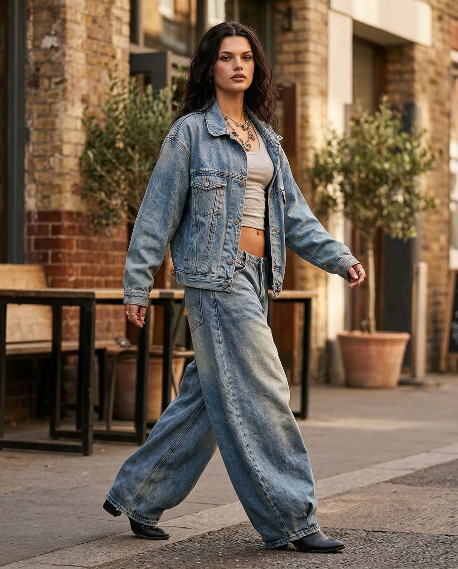 Denim Gleam Wedding Guest Jacket Denim Jacket with Wide-Leg silhouette and Textured texture, outdoor styling image for Wedding Guest, a gallery evening, Fall current summer selling first with a light late-summer/pre-fall accent: make it wearable now for s by floravincie