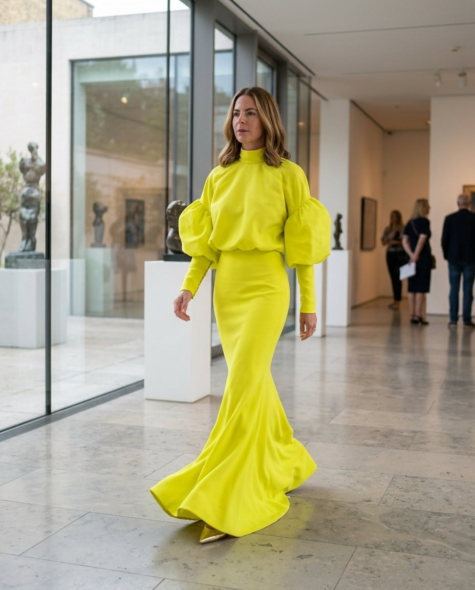Neon Yellow Glow Wedding Guest Maxi Dress Neon Yellow Maxi Dress with Cropped silhouette and Textured texture, outdoor styling image for Wedding Guest, a cafe plan, Fall current summer selling first with a light late-summer/pre-fall accent: make it wearab by floravincie