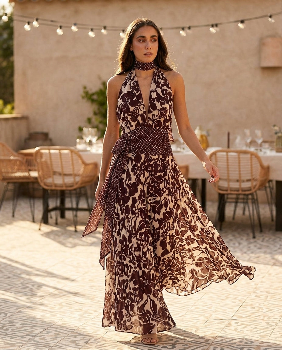 Burgundy Whisper Wedding Guest Floral Maxi Dress Burgundy Maxi Dress with Relaxed Fit silhouette and Textured texture, outdoor styling image for Wedding Guest, an office-to-dinner transition, Fall current summer selling first with a light late-summer/pre- by floravincie