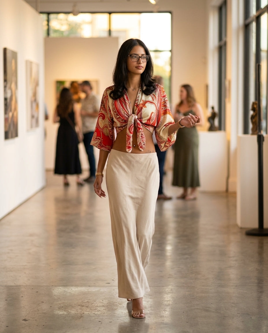Red Lustre Wedding Guest Printed Skirt Set Red Skirt Set with Cropped silhouette and Satin texture, outdoor styling image for Wedding Guest, a fall city dinner, Fall current summer selling first with a light late-summer/pre-fall accent: make it wearable n by floravincie