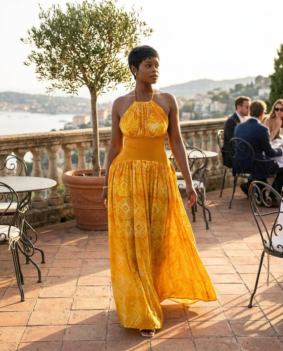 Butter Yellow Velvet Wedding Guest Abstract Print Maxi Dress Butter Yellow Maxi Dress with Flowing silhouette and Textured texture, outdoor styling image for Wedding Guest, an office-to-dinner transition, Fall current summer selling first with a light lat by floravincie