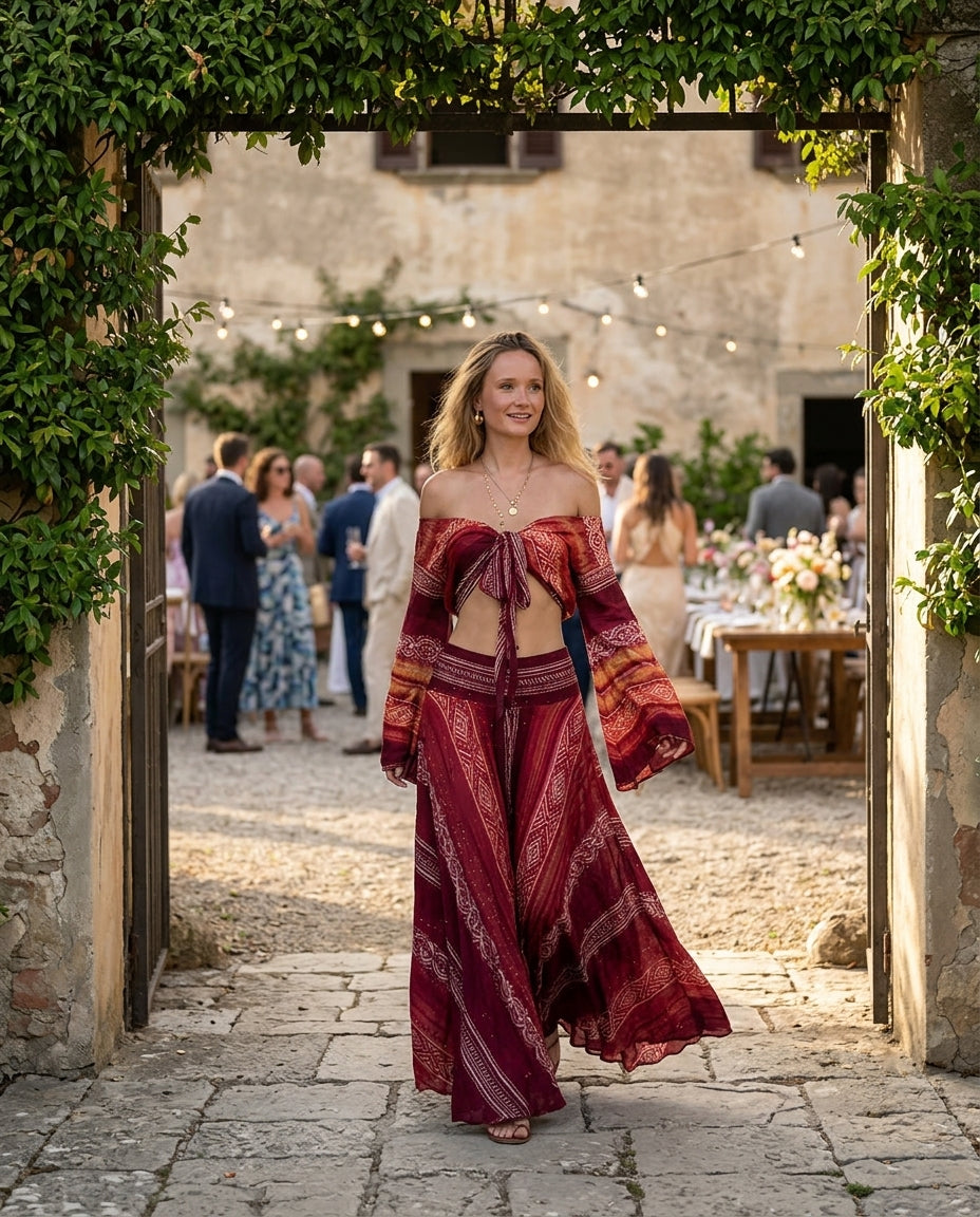 Red Reverie Wedding Guest Printed Skirt Set Red Skirt Set with Wide-Leg silhouette and Textured texture, outdoor styling image for Wedding Guest, a gallery evening, Fall current summer selling first with a light late-summer/pre-fall accent: make it wearab by floravincie