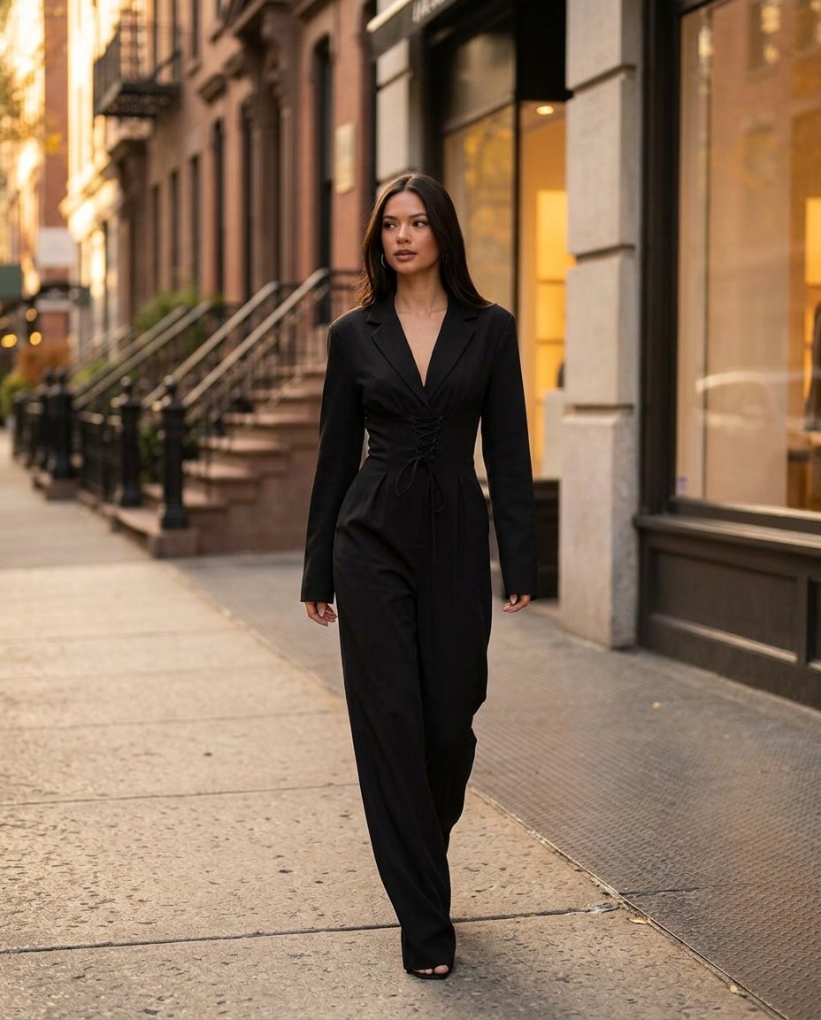 Black Bloom Wedding Guest Textured Jumpsuit Black Jumpsuit with Wide-Leg silhouette and Textured texture, outdoor styling image for Wedding Guest, a cafe plan, Fall current summer selling first with a light late-summer/pre-fall accent: make it wearable no by floravincie