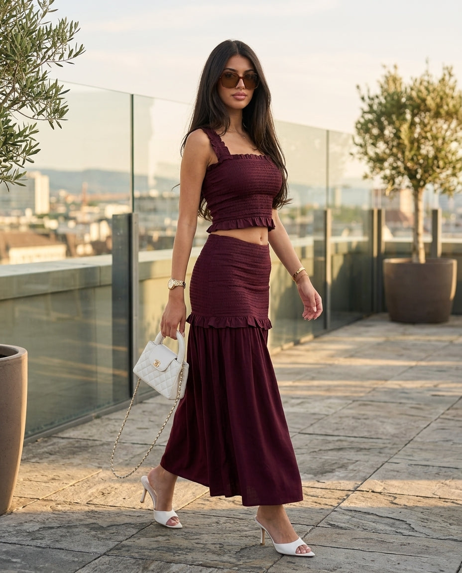 Burgundy Bloom Resort Printed Skirt Set Burgundy Skirt Set with Cropped silhouette and Linen Blend texture, outdoor styling image for Resort Wear, a gallery opening in Paris, Euro Chic Premium