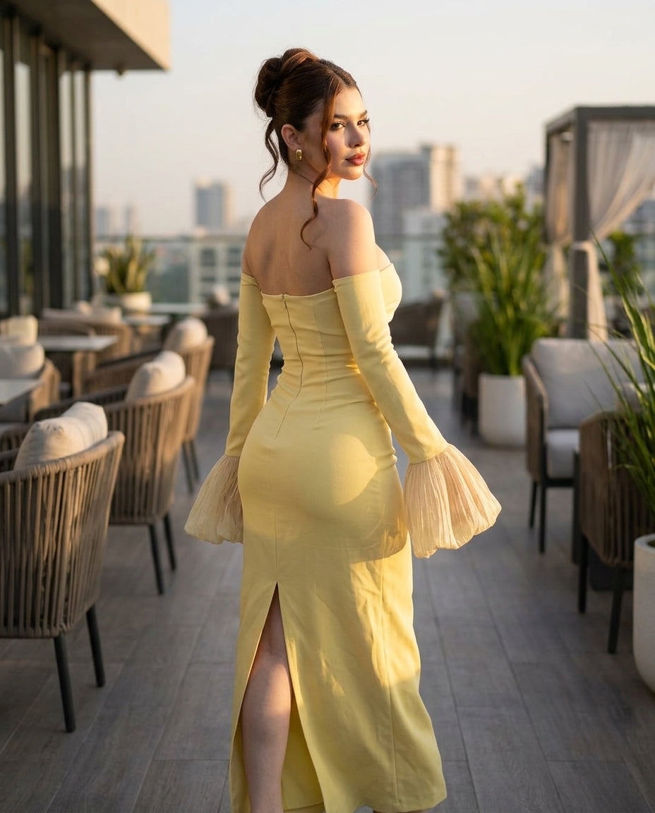 Butter Yellow Charm Summer Pleated Maxi Dress Butter Yellow Maxi Dress with Relaxed Fit silhouette and Textured texture, outdoor styling image for Rooftop Brunch, a rooftop dinner in LA, US Coastal Glam