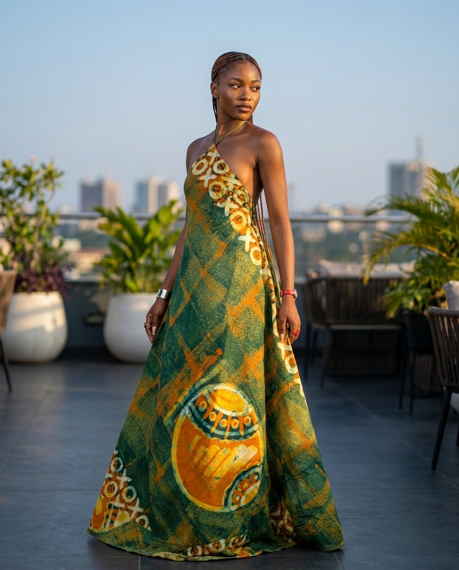 Sage Velvet Resort Abstract Print Maxi Dress Sage Maxi Dress with Relaxed Fit silhouette and Textured texture, outdoor styling image for Resort Wear, a polished coastal brunch, US East / Hamptons Elite