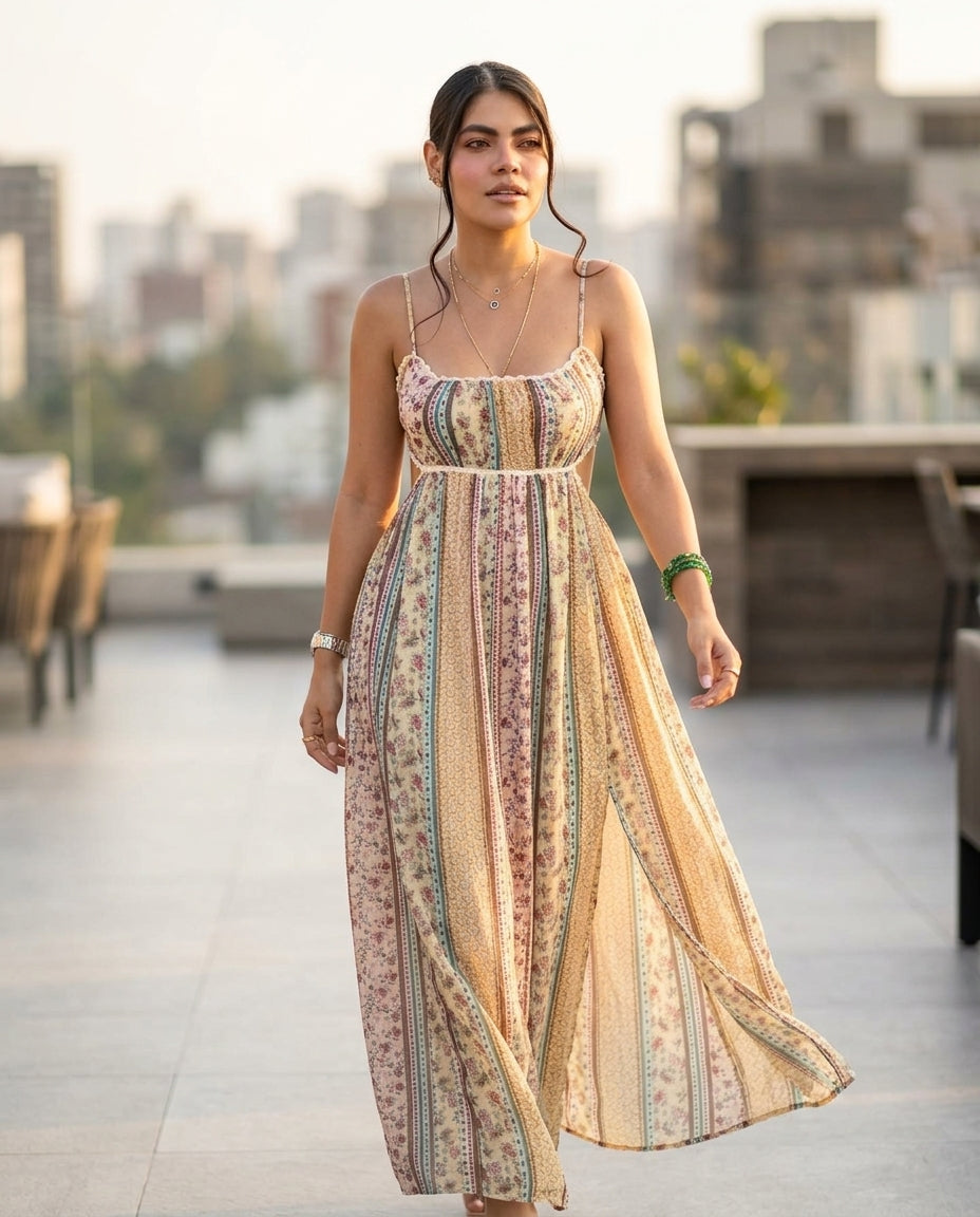 Butter Yellow Allure Resort Floral Maxi Dress Butter Yellow Maxi Dress with Relaxed Fit silhouette and Textured texture, outdoor styling image for Resort Wear, Sunset in Malibu, US Coastal Glam