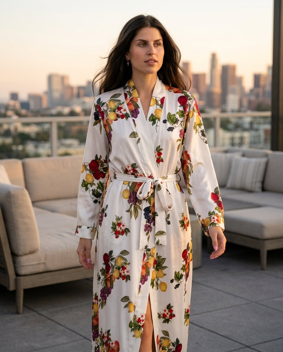 Ivory Aura Resort Printed Jacket Ivory Jacket with Asymmetric silhouette and Satin texture, outdoor styling image for Resort Wear, a London dinner reservation, Euro Chic Premium