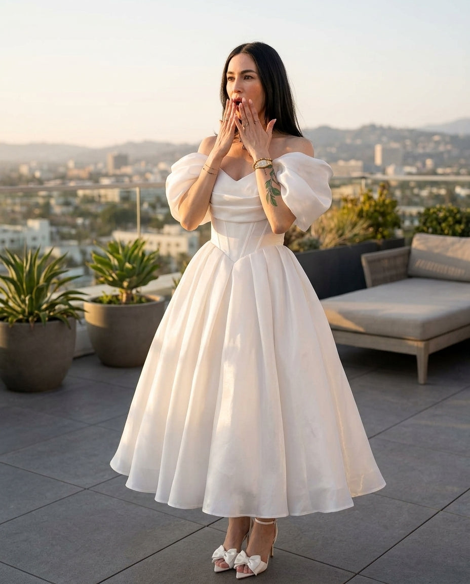 Ivory Velvet Evening Satin Maxi Dress Ivory Maxi Dress with Structured silhouette and Satin texture, outdoor styling image for Date Night, a private garden lunch, US East / Hamptons Elite