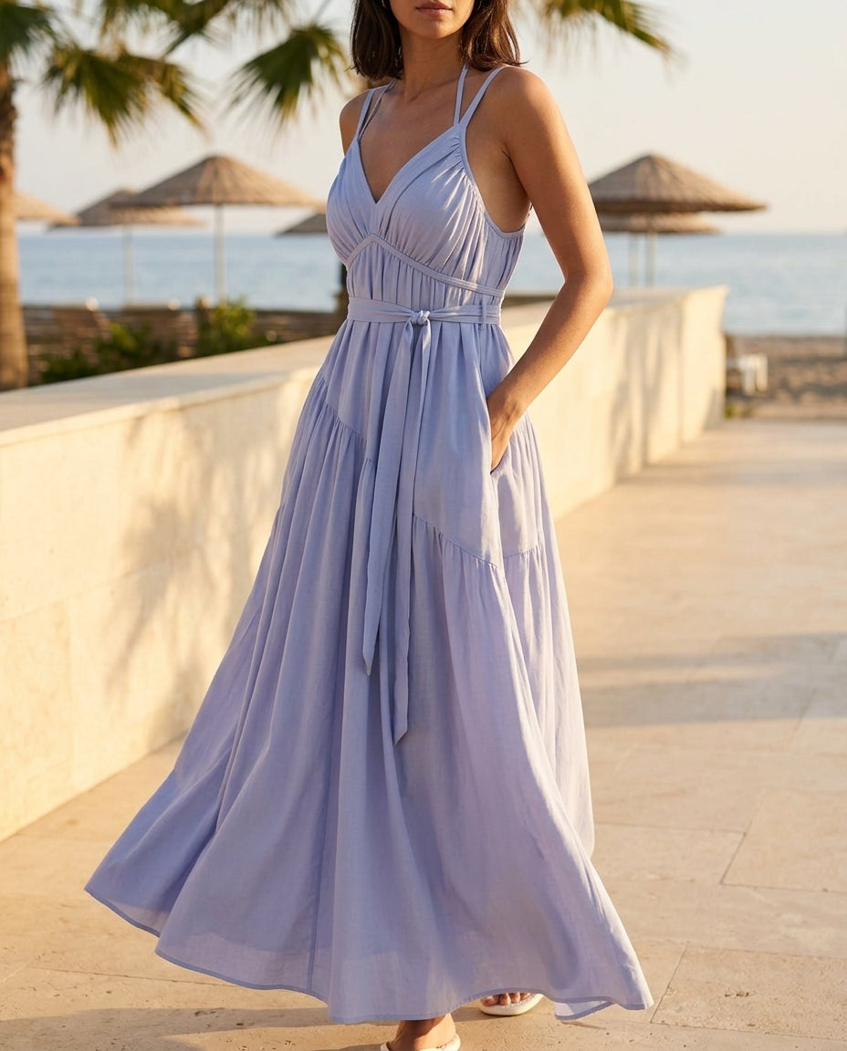 Lavender Velvet Resort Tiered Maxi Dress Lavender Maxi Dress with Relaxed Fit silhouette and Textured texture, outdoor styling image for Resort Wear, Coffee in Marais, Euro Chic Premium by floravincie