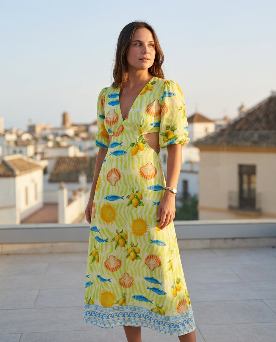 Butter Yellow Velvet Resort Embroidered Maxi Dress Butter Yellow Maxi Dress with Relaxed Fit silhouette and Textured texture, outdoor styling image for Resort Wear, a polished coastal brunch, US East / Hamptons Elite by floravincie