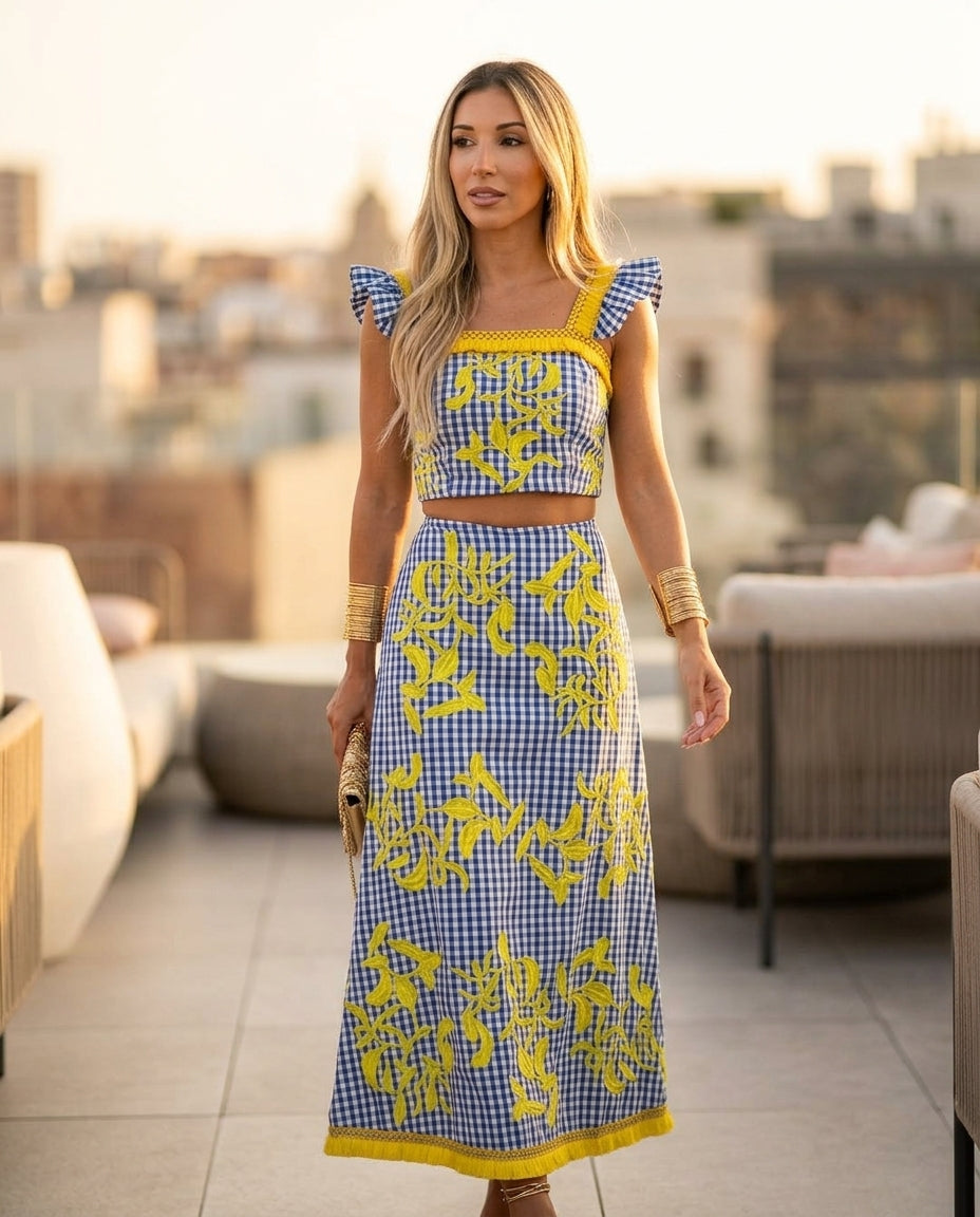 Blue Velvet Resort Embroidered Skirt Set Blue Skirt Set with Asymmetric silhouette and Textured texture, outdoor styling image for Resort Wear, Sunset in Malibu, US Coastal Glam by floravincie