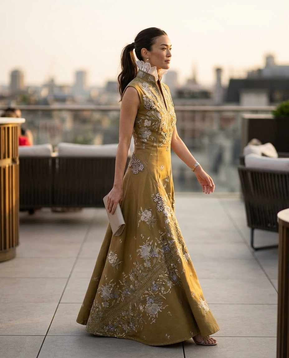 Mustard Yellow Grace Summer Embroidered Maxi Dress Mustard Yellow Maxi Dress with Relaxed Fit silhouette and Textured texture, outdoor styling image for Wedding Guest, an estate dinner at golden hour, US East / Hamptons Elite by floravincie